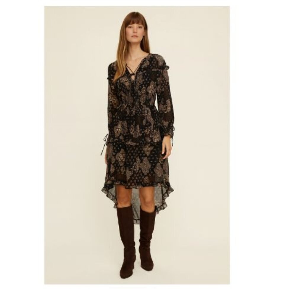 Stunning KATE LILY Black and Brow  Asymmetrical Ruffled Long Sleeve Dress